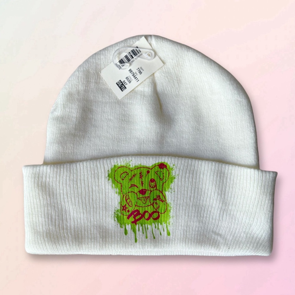 Upcycled, Neon Boo Bear, Knitted Ivory Beanie, Unisex
